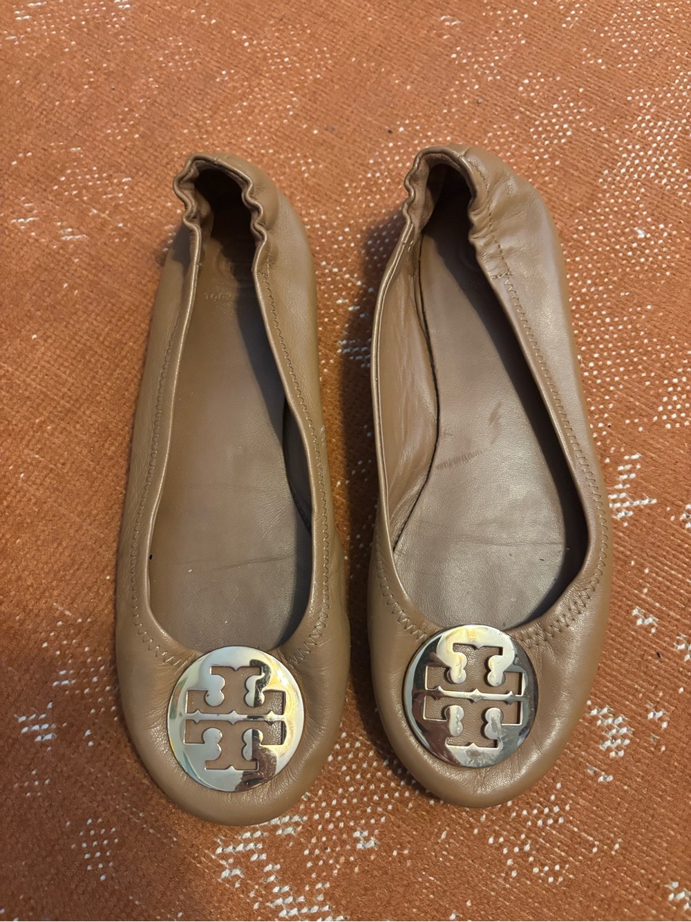Tory Burch Camel Leather Logo Ballet Flats